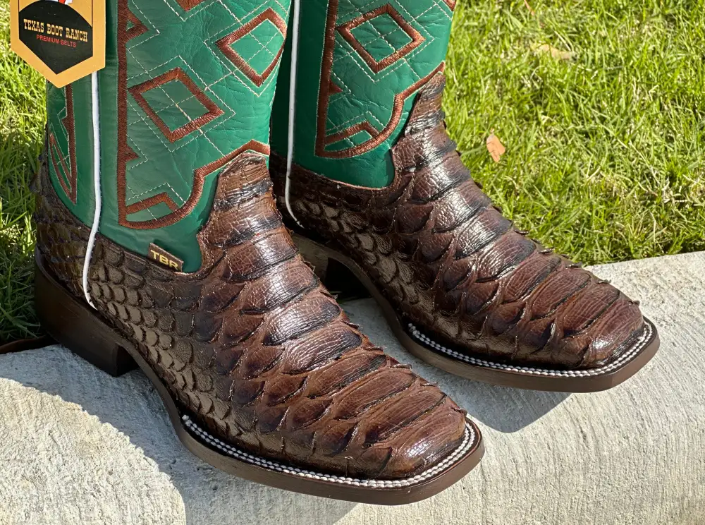 Mens Brown Python Leather Boots With Green Shaft