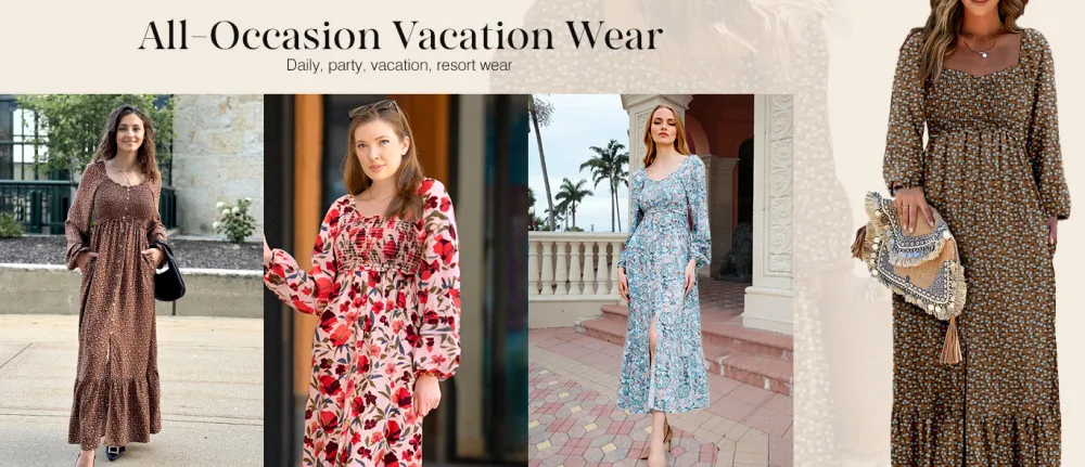 Boho Floral Smocked Square Neck Long Sleeve Maxi Dress