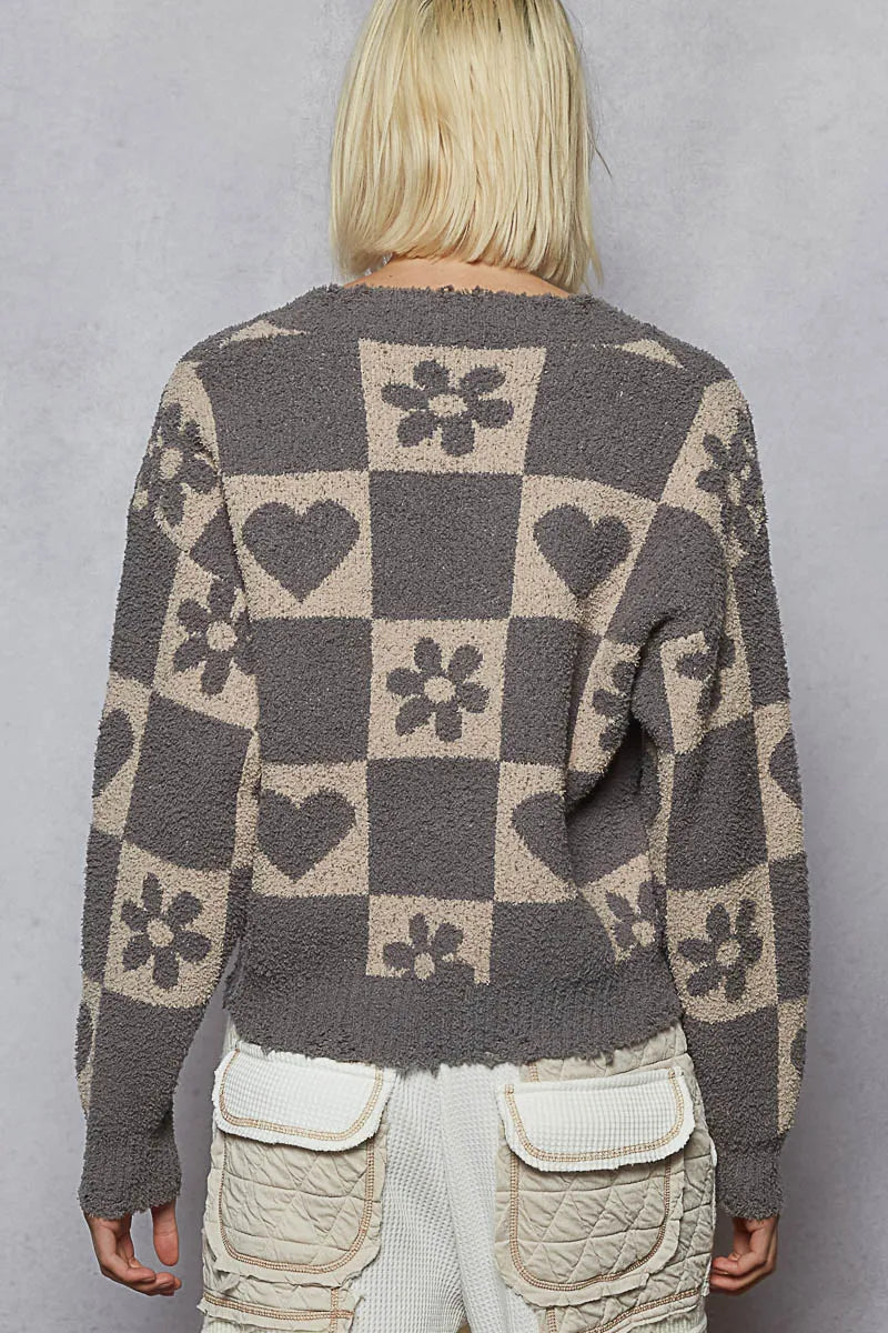 V-Neck Heart Pattern Checkered Sweater