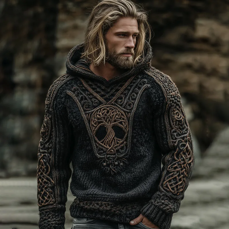 Men's Vintage Viking Life Of Tree Celtic Art Knit Hooded Sweater