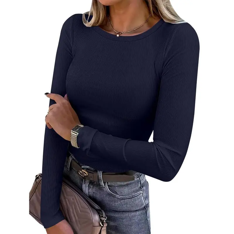 Women Long Sleeve Crewneck Rib Knit Slim Fit Shirts