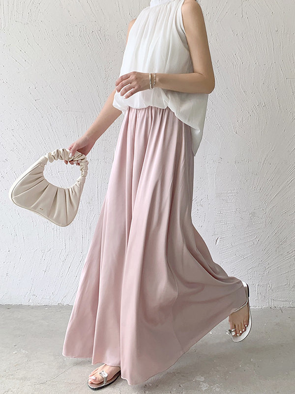 Elasticity Pleated Solid Color High Waisted Loose Pants Culotte