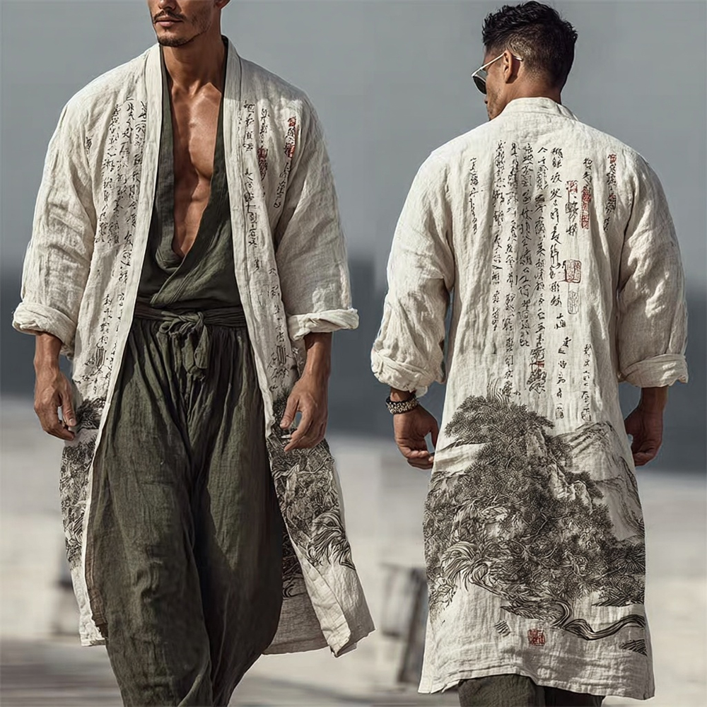 Men's Japanese Landscape Calligraphy Art Flowy Linen Long Kimono