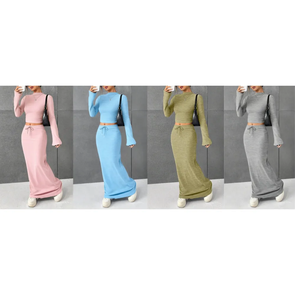 Women's Solid Flounce Sleeve Crop Tee & Skirt Two-piece Set