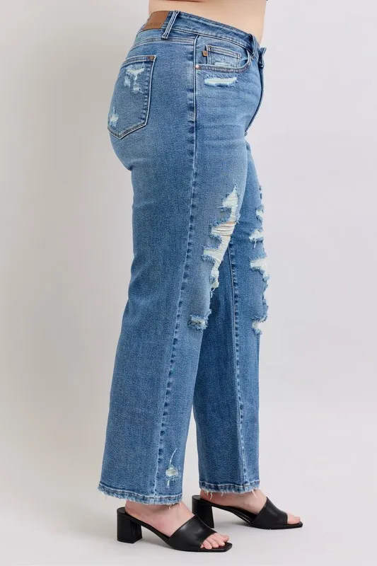 Blue Full Size High Waist Heavy Destroy Straight Jeans Plus Size