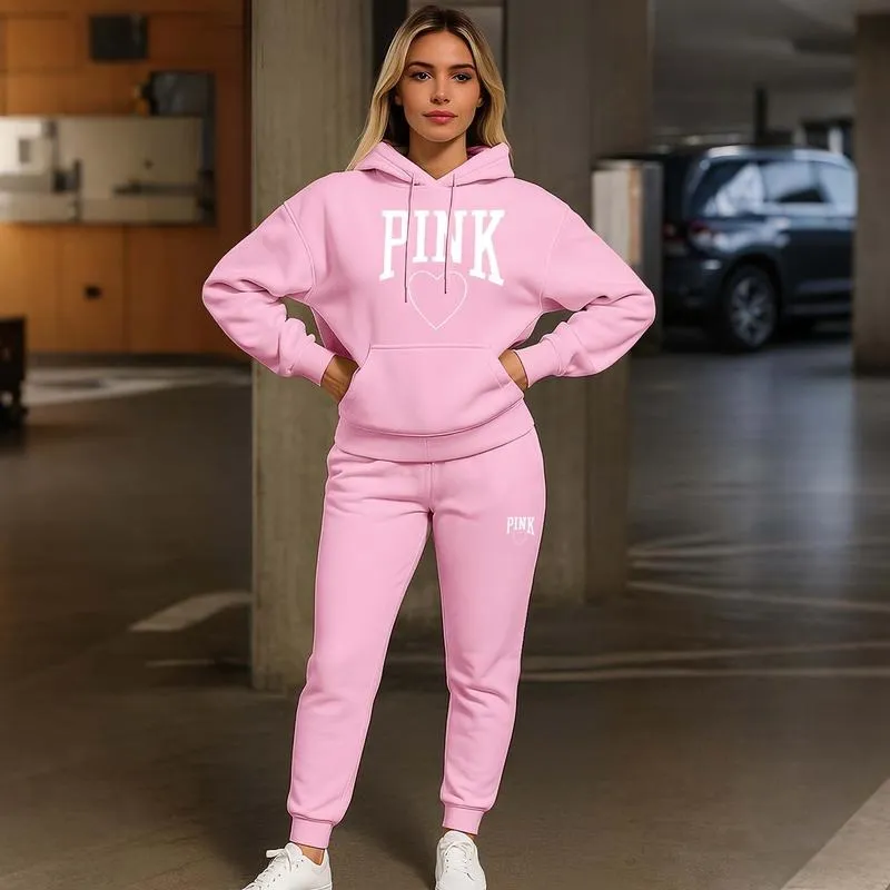 Women's Pink Heart Print Hair And Sunglasses Hoodie And Drawstring Track Pants Set