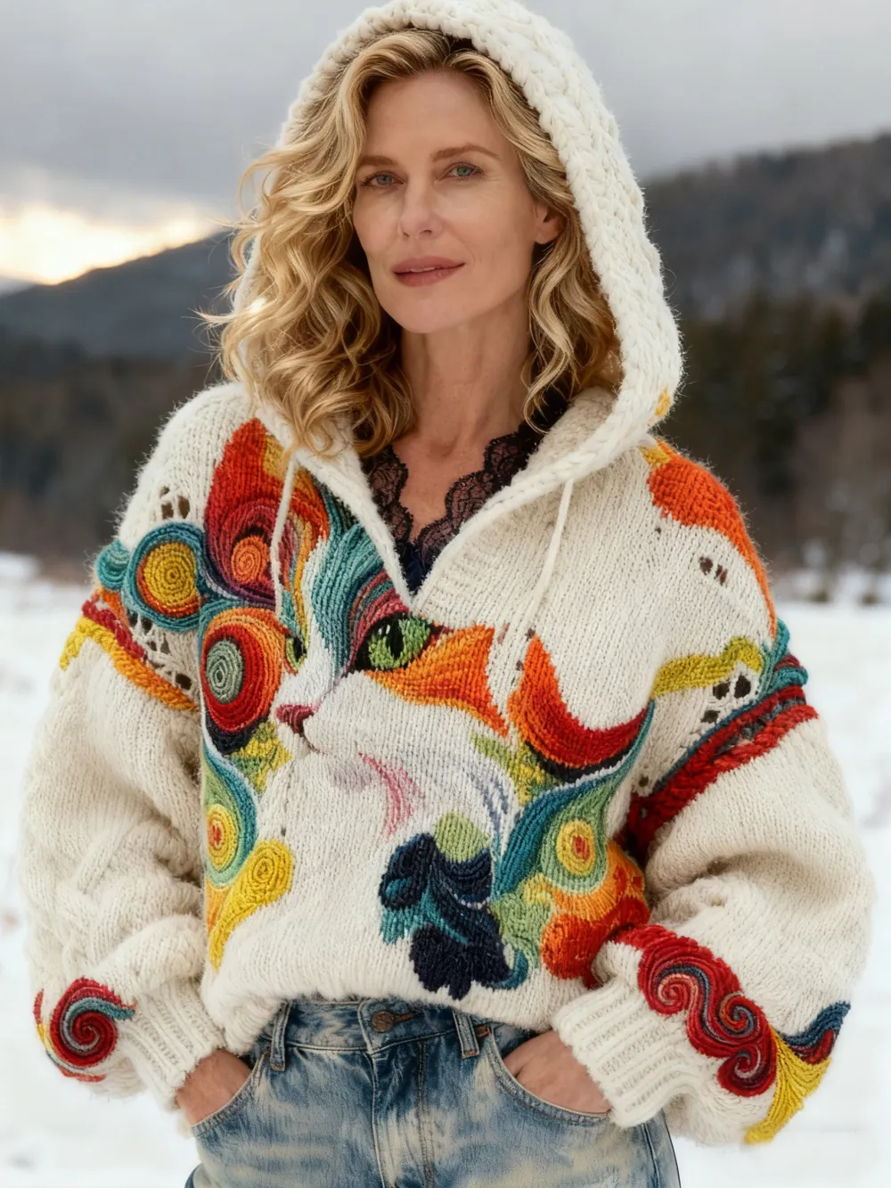 3 PCS $17.97 Women's Artistic Animals Line Knit Hooded Sweater