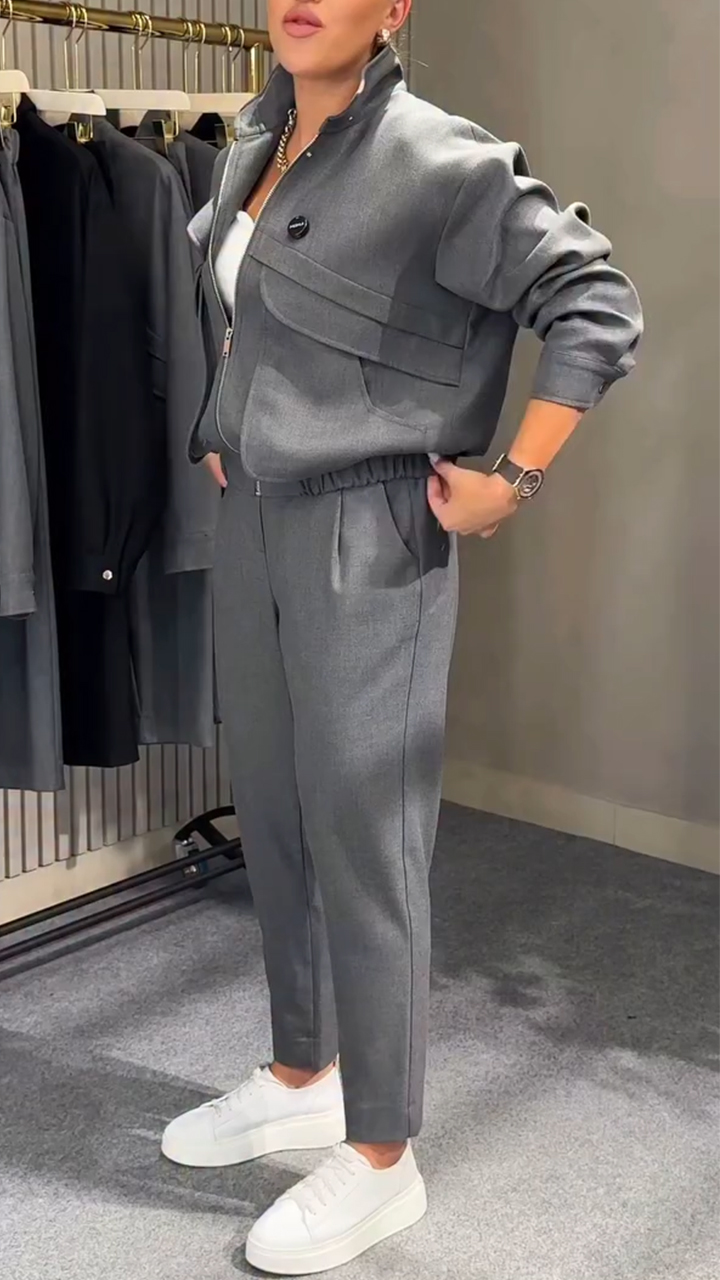 Women Collar Jacket+pants Solid Color Temperament Commuting Set