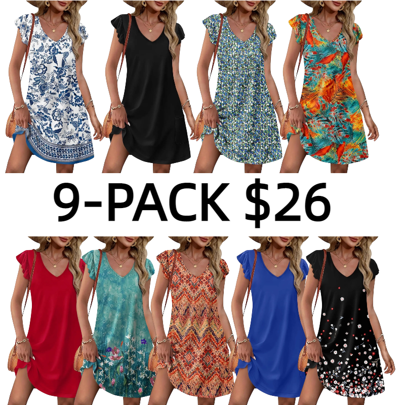 Womens Summer Dresses Ruffle Sleeve V Neck Loose Swing Sundresses with Pockets Plain/Print
