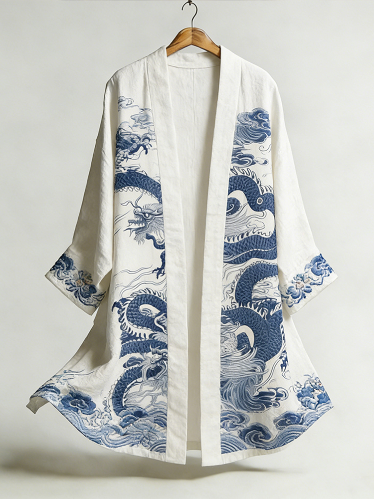 Japanese Art Dragon Pattern Retro Casual Linen Long Kimono