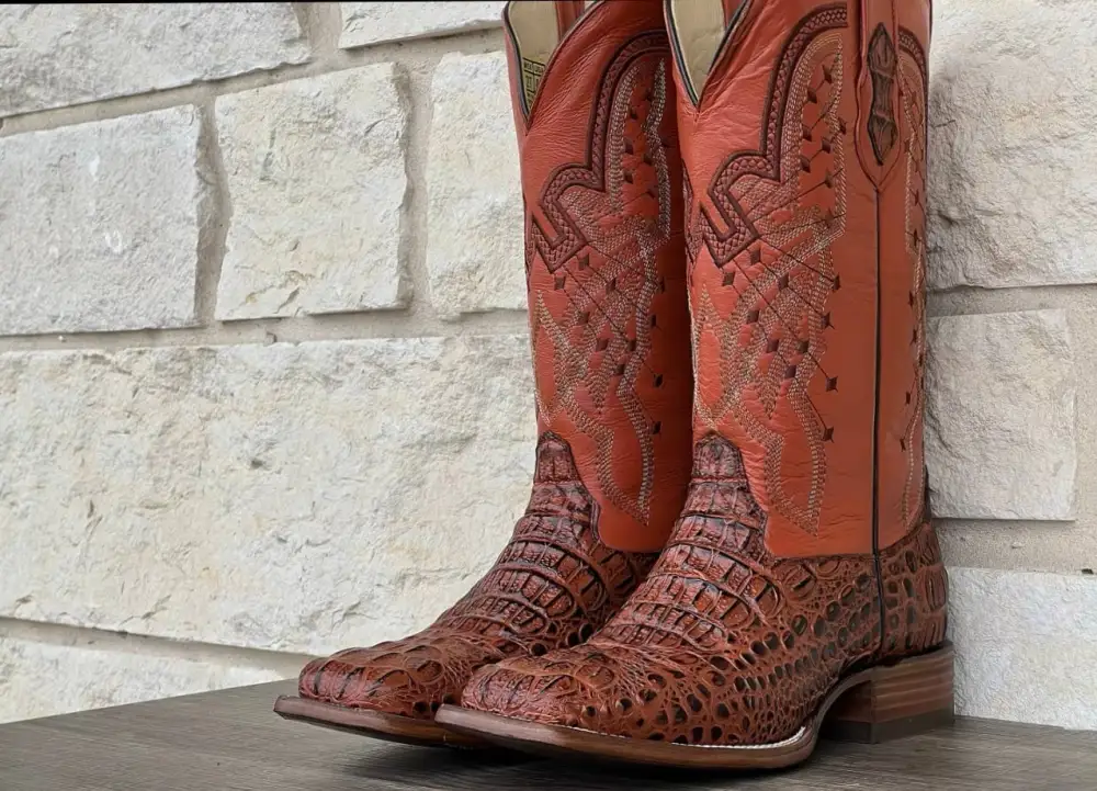 Men’s Cognac Crocodile Horn-Back Leather Boots With Orange Shaft