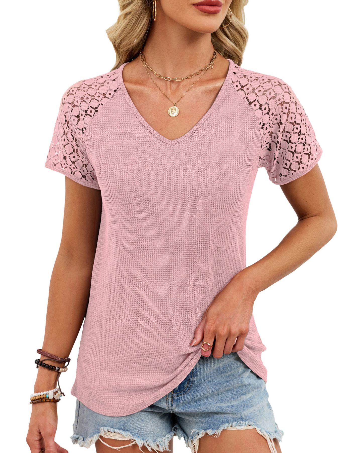 Lace Sleeve V-Neck Waffle Knit T-Shirt