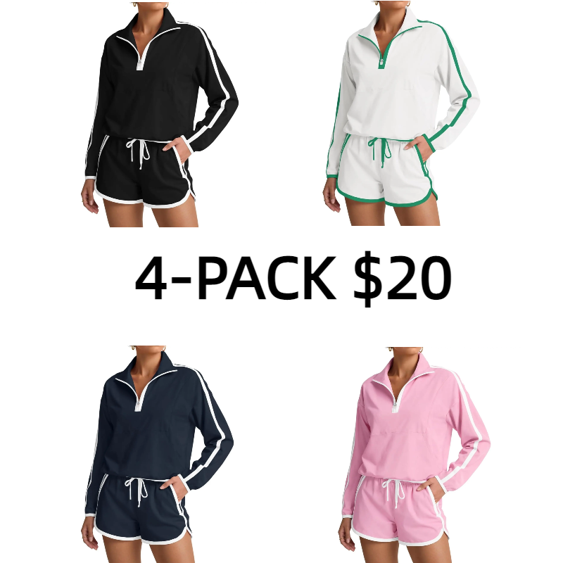 Womens 2 Piece Outfits Sets Half Zip V Neck Long Sleeve Pullover Tops Shorts Casual Tennis Running Tracksuits
