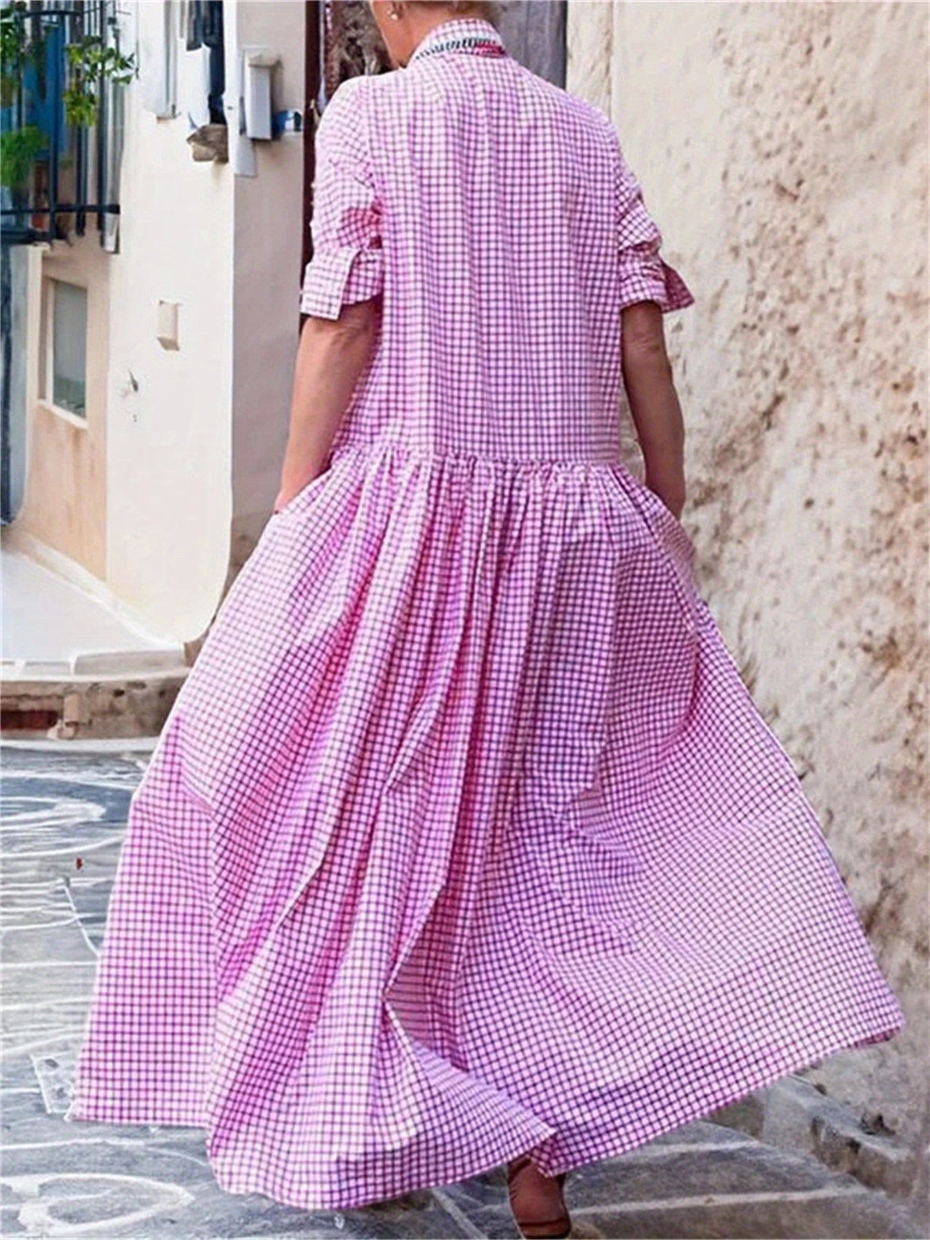 Vintage Gingham Maxi Shirt Dress