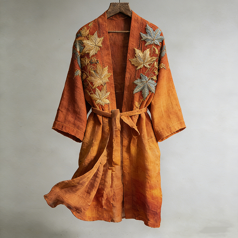 Japanese  Maple Leaf Print Linen Blend Long Kimono