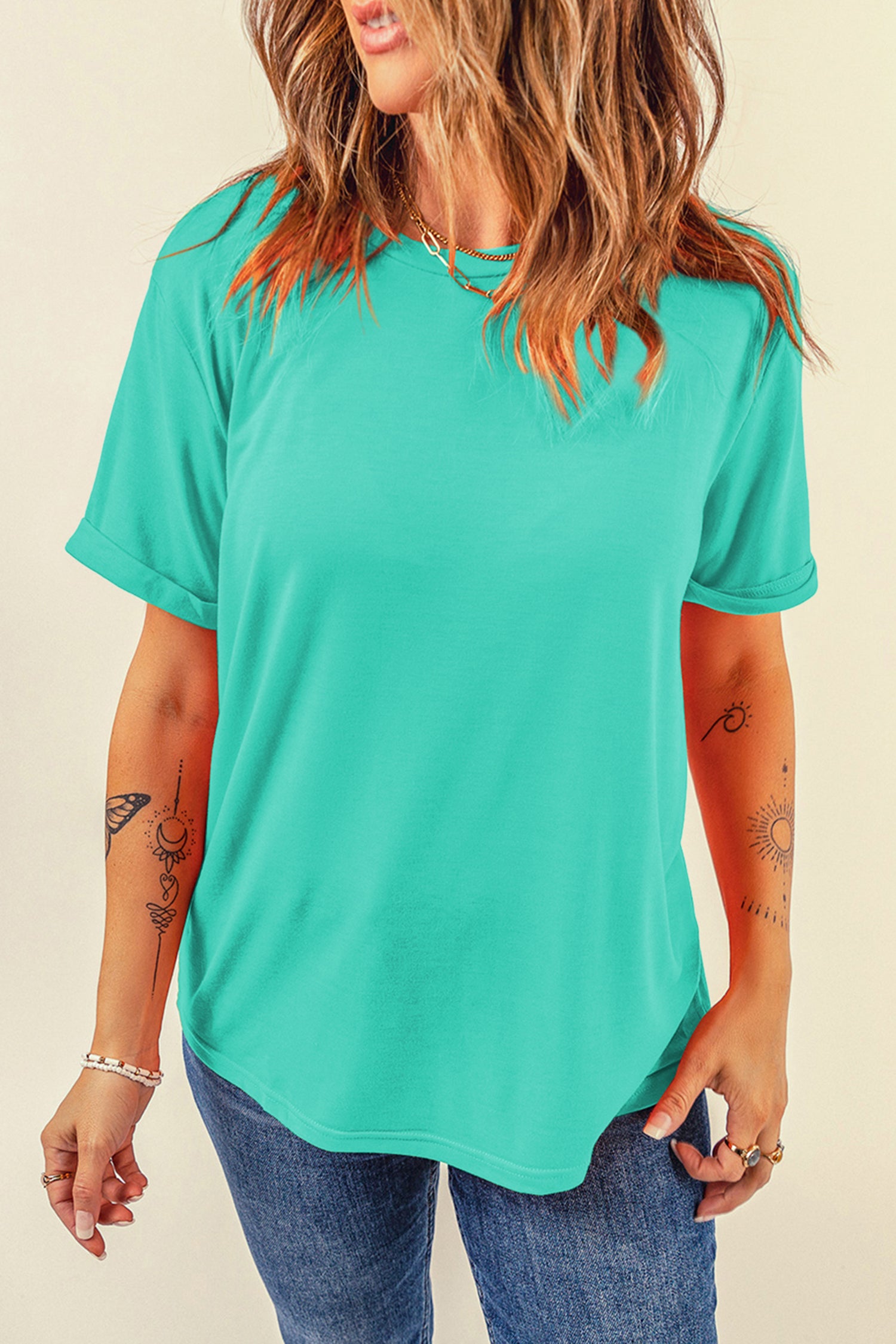 Mint Green Casual Plain Crew Neck Tee