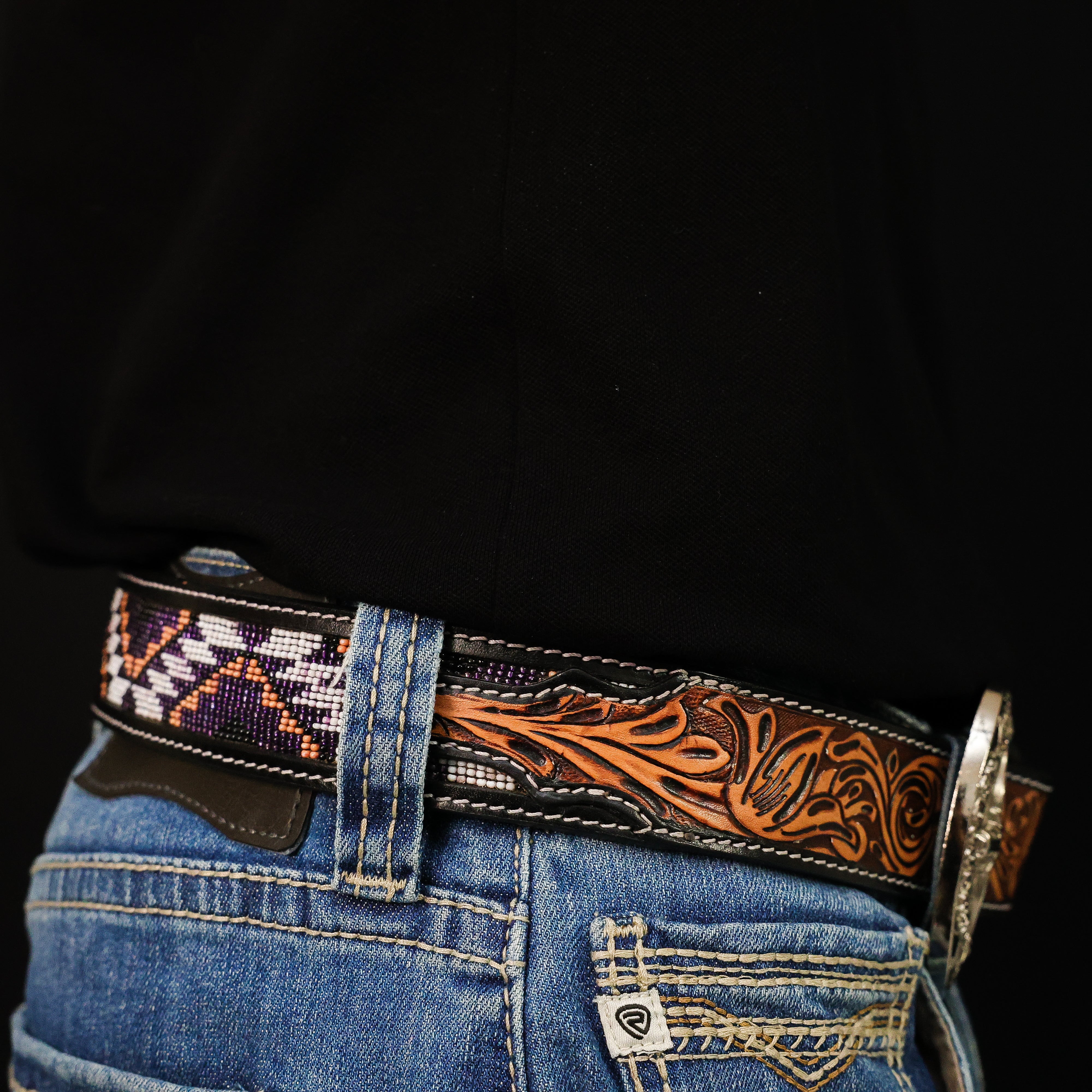 Hand-Tooled Artesanal Beaded Leather Belt