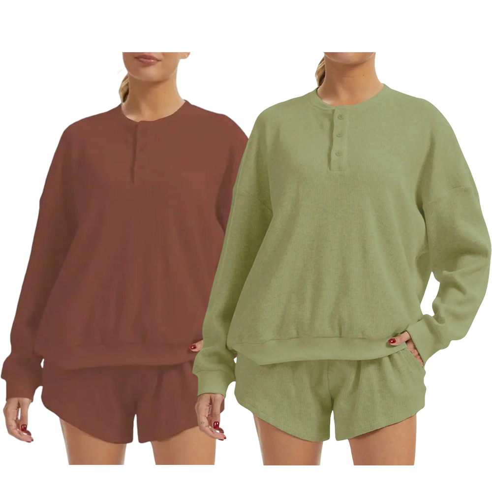 Women's Oversized Waffle Knit Lounge Set – Long Sleeve Henley Sweatshirt and High Waisted Shorts 2 Piece Casual Outfit Summervibes