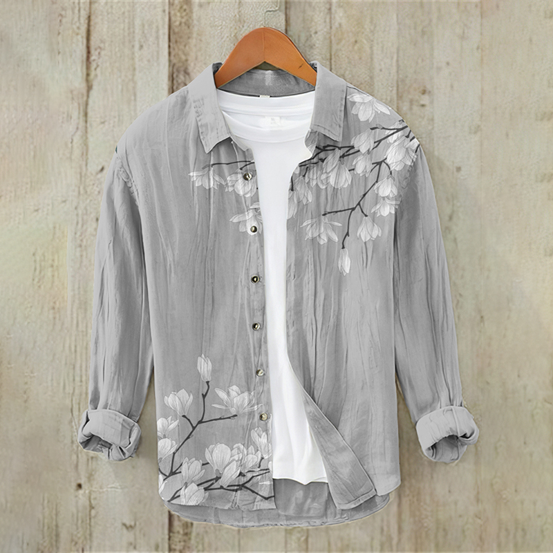 Men's Vintage Japanese Art Floral Casual Linen Blend Shirt