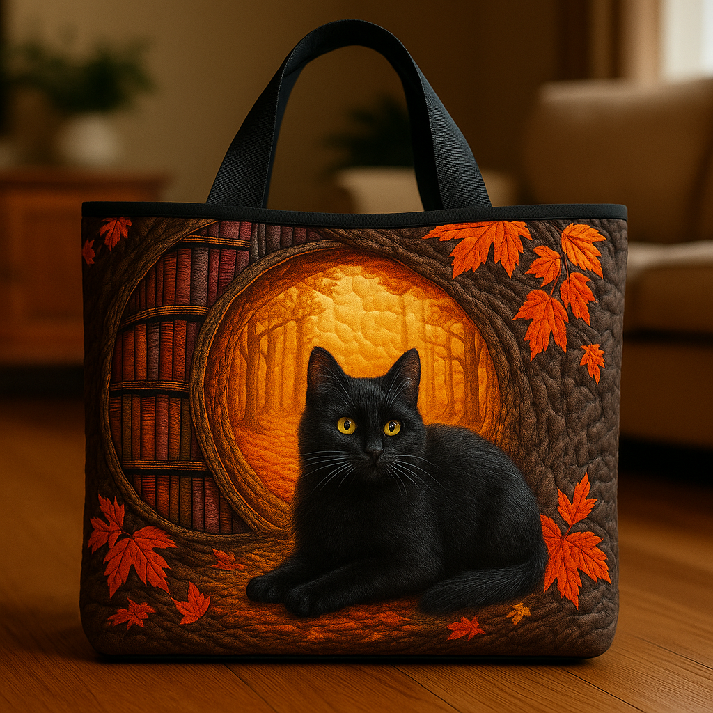 Autumn Whispers in the Hollow — 3D Black Cat Woodland Quilted Tote Bag ✨