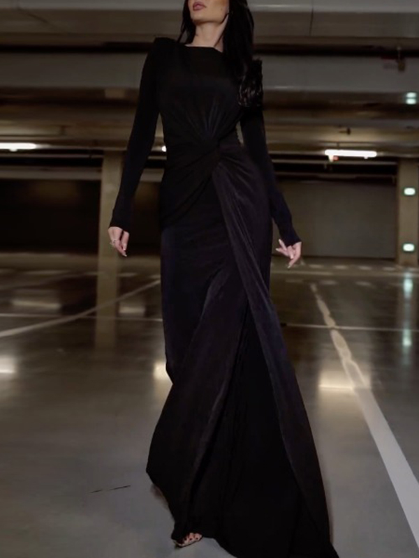 Solid Color Long Sleeves Mermaid Round-neck Maxi Dresses Evening Dresses