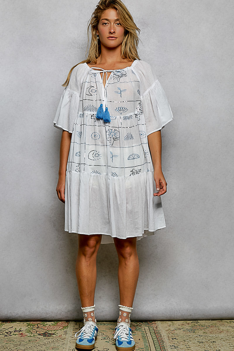 Tied Tassel Embroidery Half Flared Sleeve Mini Dress