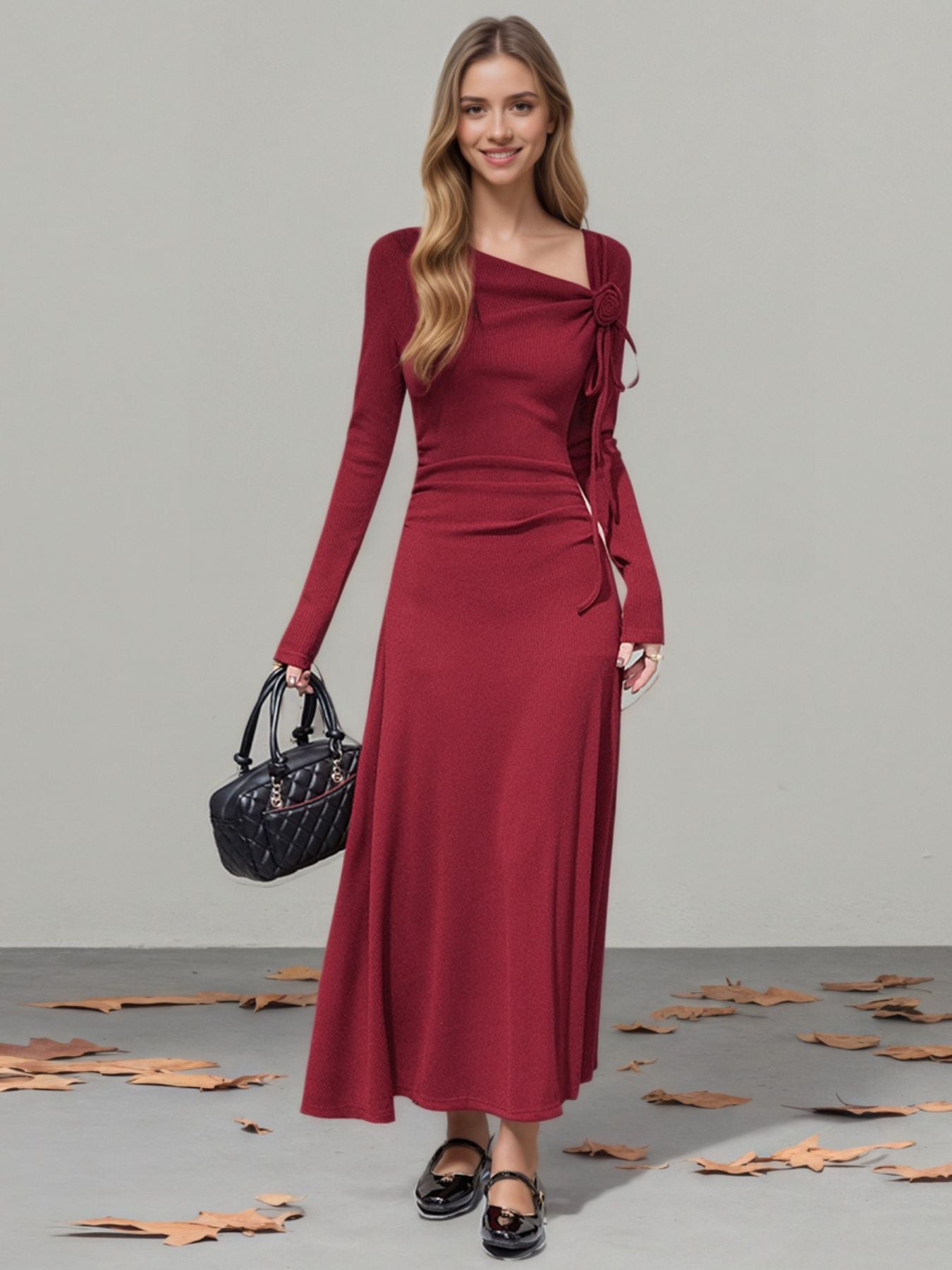 Flower Asymmetrical Neckline Long Sleeve Dress