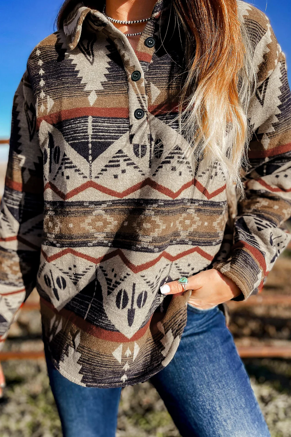 Western Aztec Collared Button-up Sweatshirt