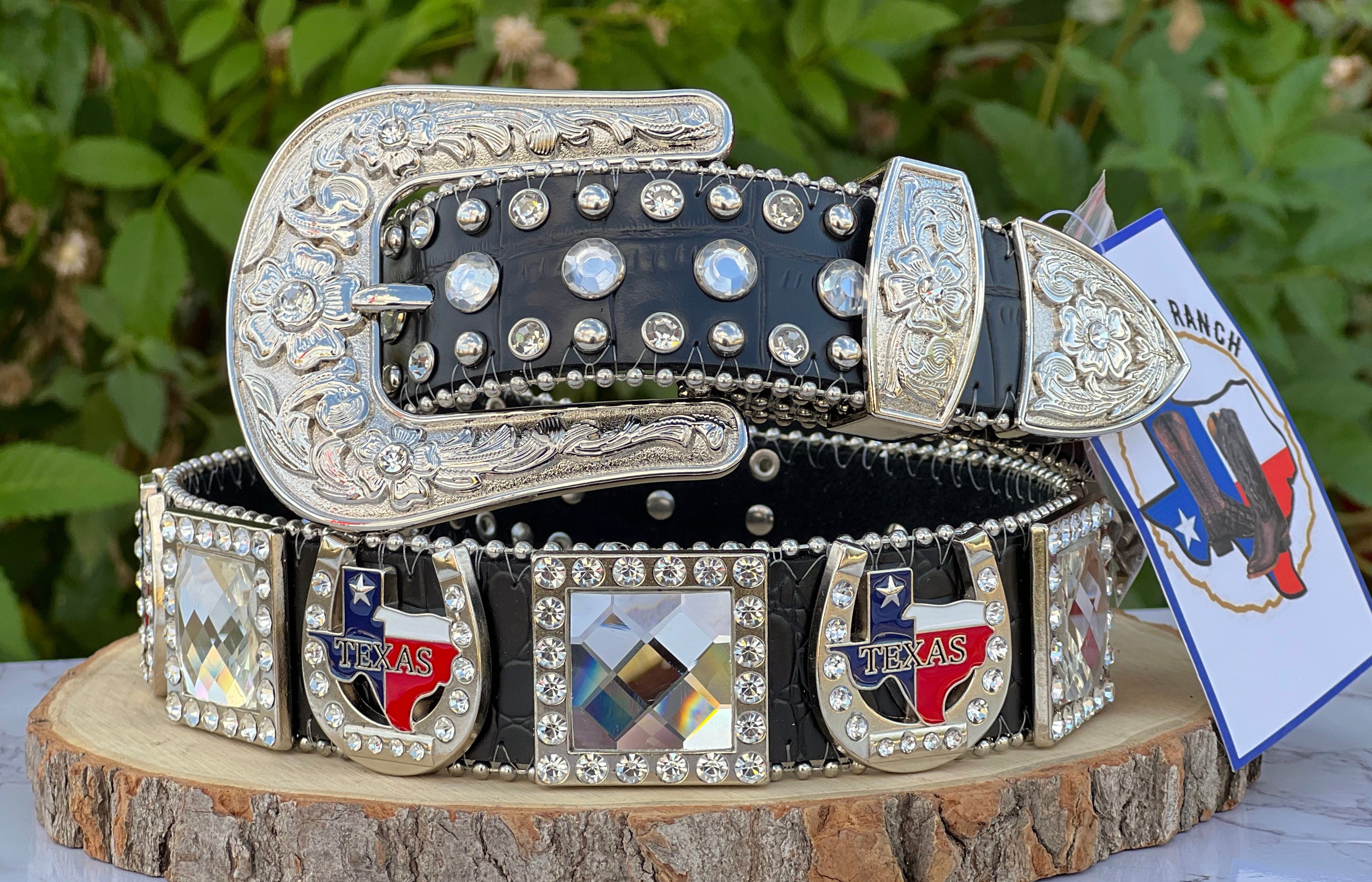 Western Black Leather Belt With Texas Rhinestones