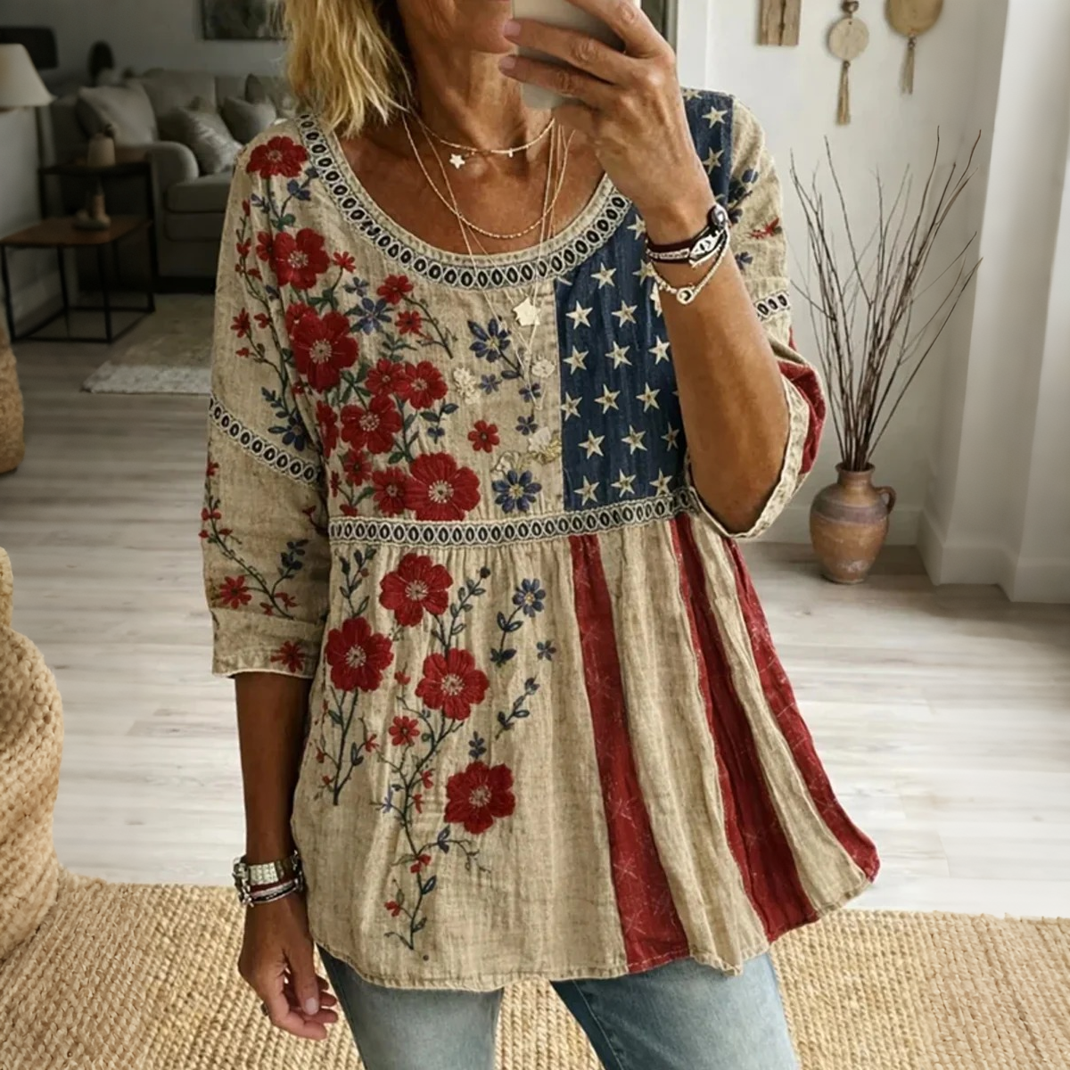 Women's American Flag Printed Cotton and Hemp Top