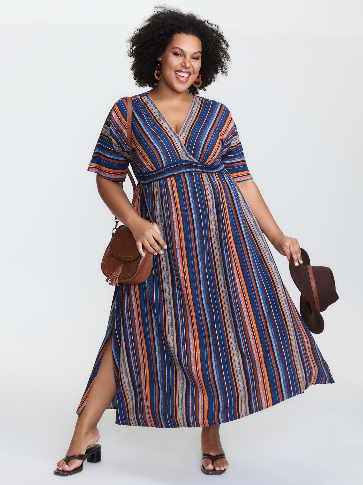Striped Contrast Dolman Sleeve Shirred Pocket Split Flutter Dress
