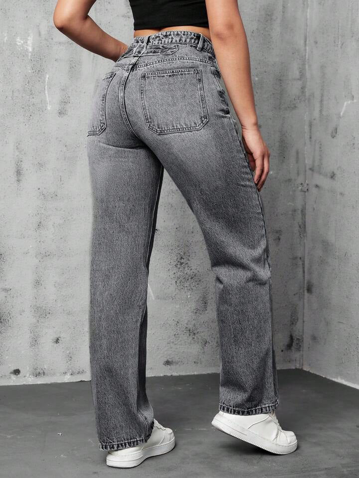 Carbon Grey Wash Straight Leg Jeans