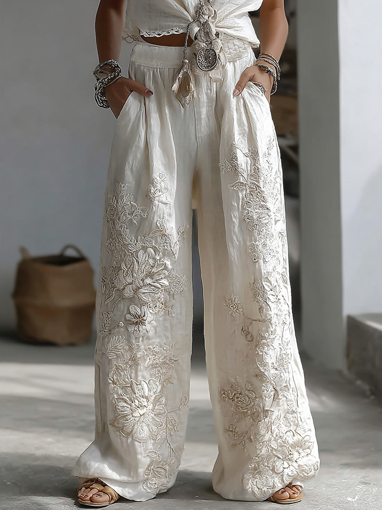 Women's Retro Floral Lace Patchwork Art Casual Pocket Linen Pants