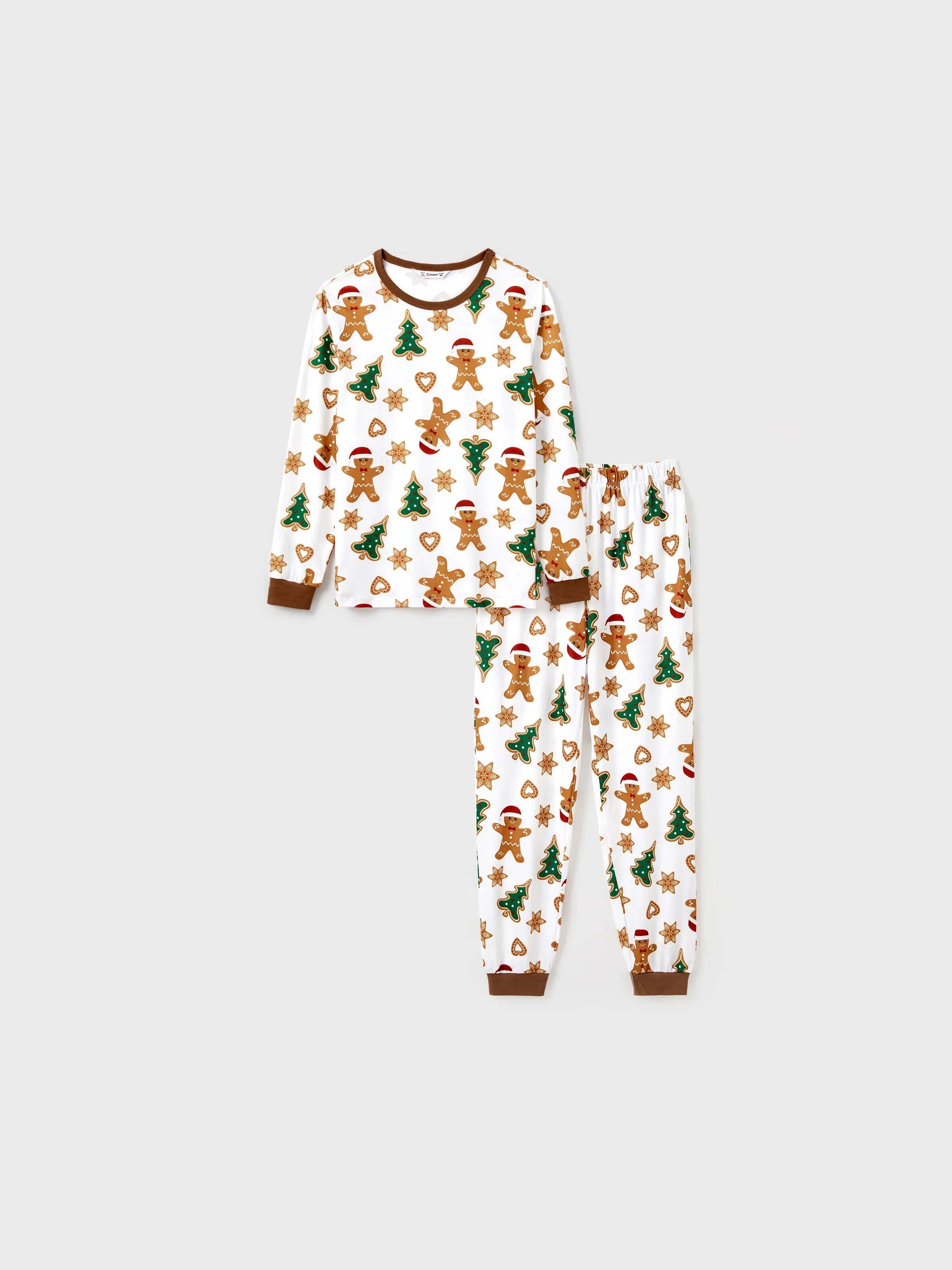 Christmas Family Matching Cartoon Gingerbread Man and Tree All-over Print Long-sleeve Pajamas Sets with Christmas Socks Coffee