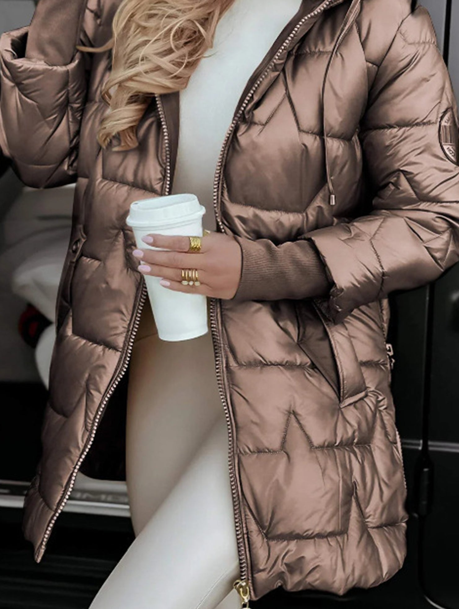 Hooded mid-length three-zip cotton coat