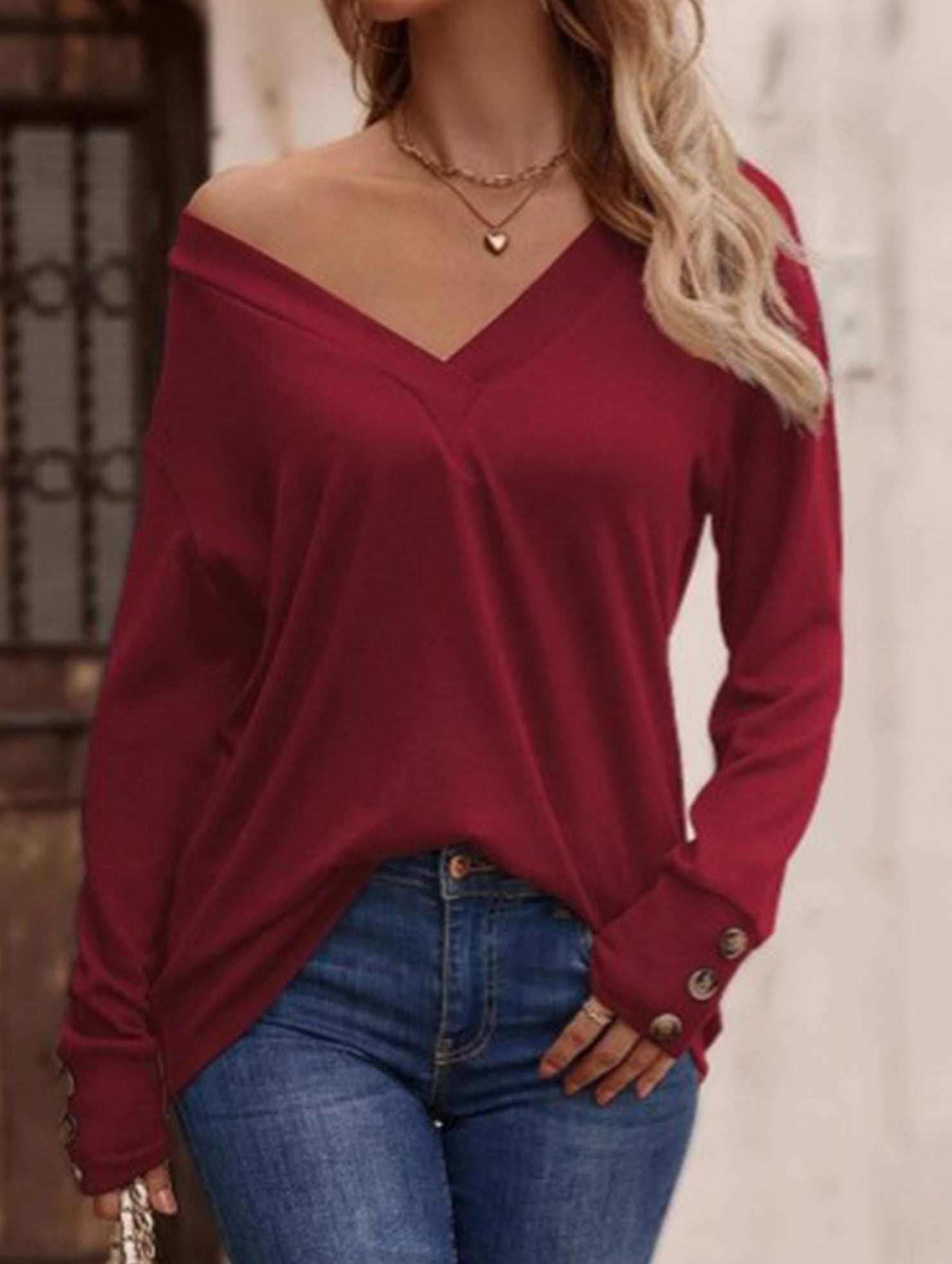 Solid V Neck Button Loose Long Sleeve Tee_CWTTL01231