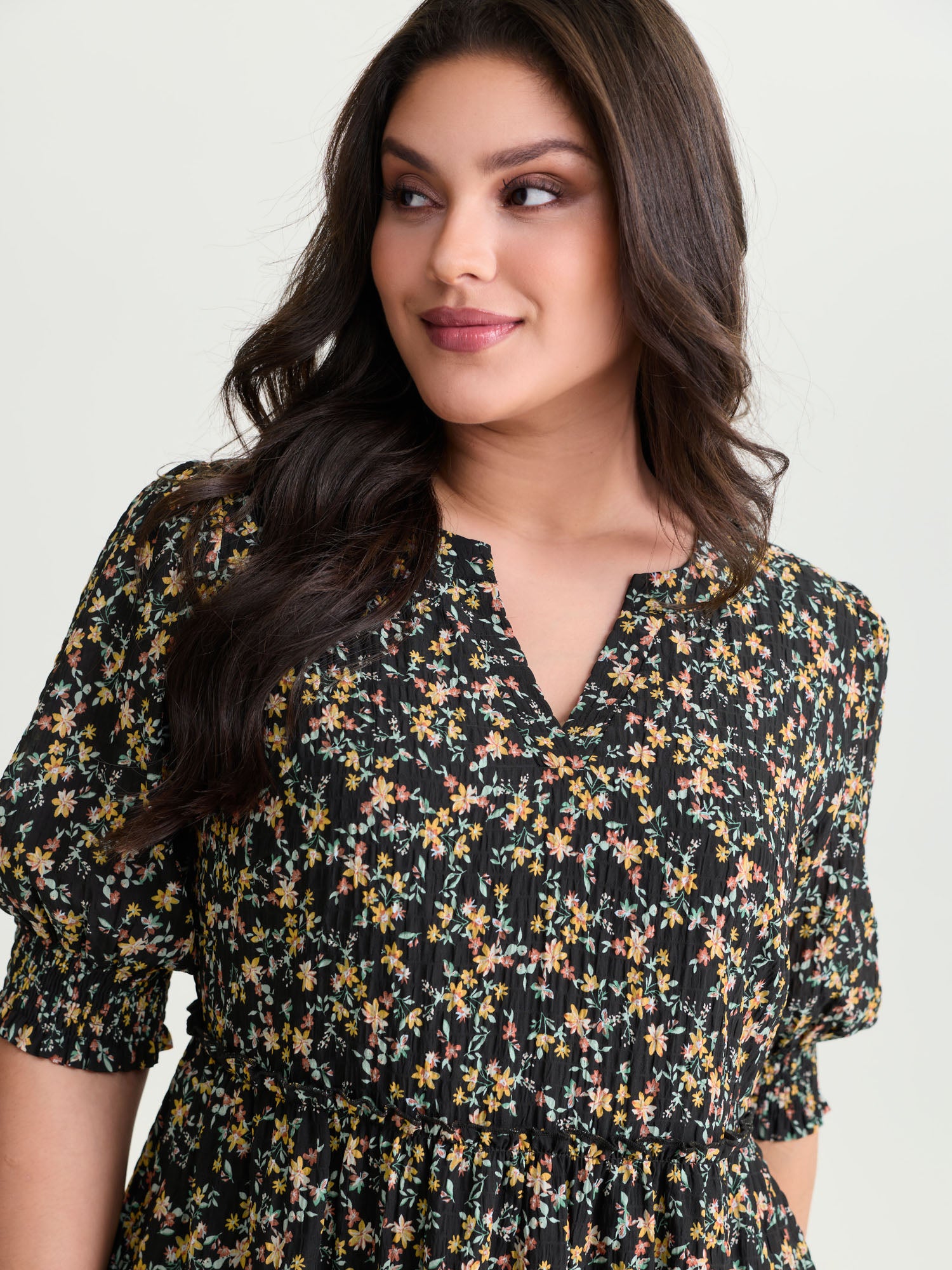 Micro Floral Print Shirred Cuff Mini Dress