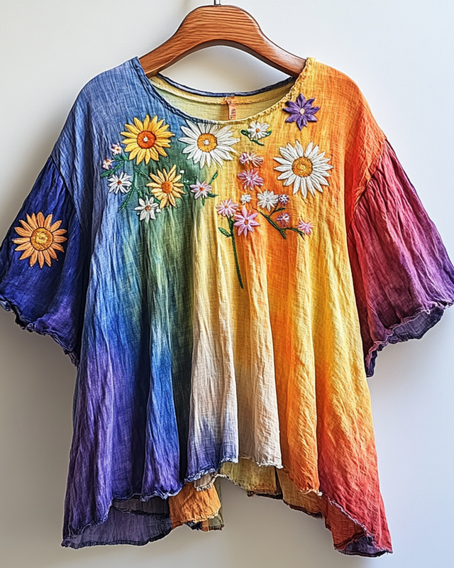 Summer Rainbow Gradient Daisy Embroidered T-shirt  5acd
