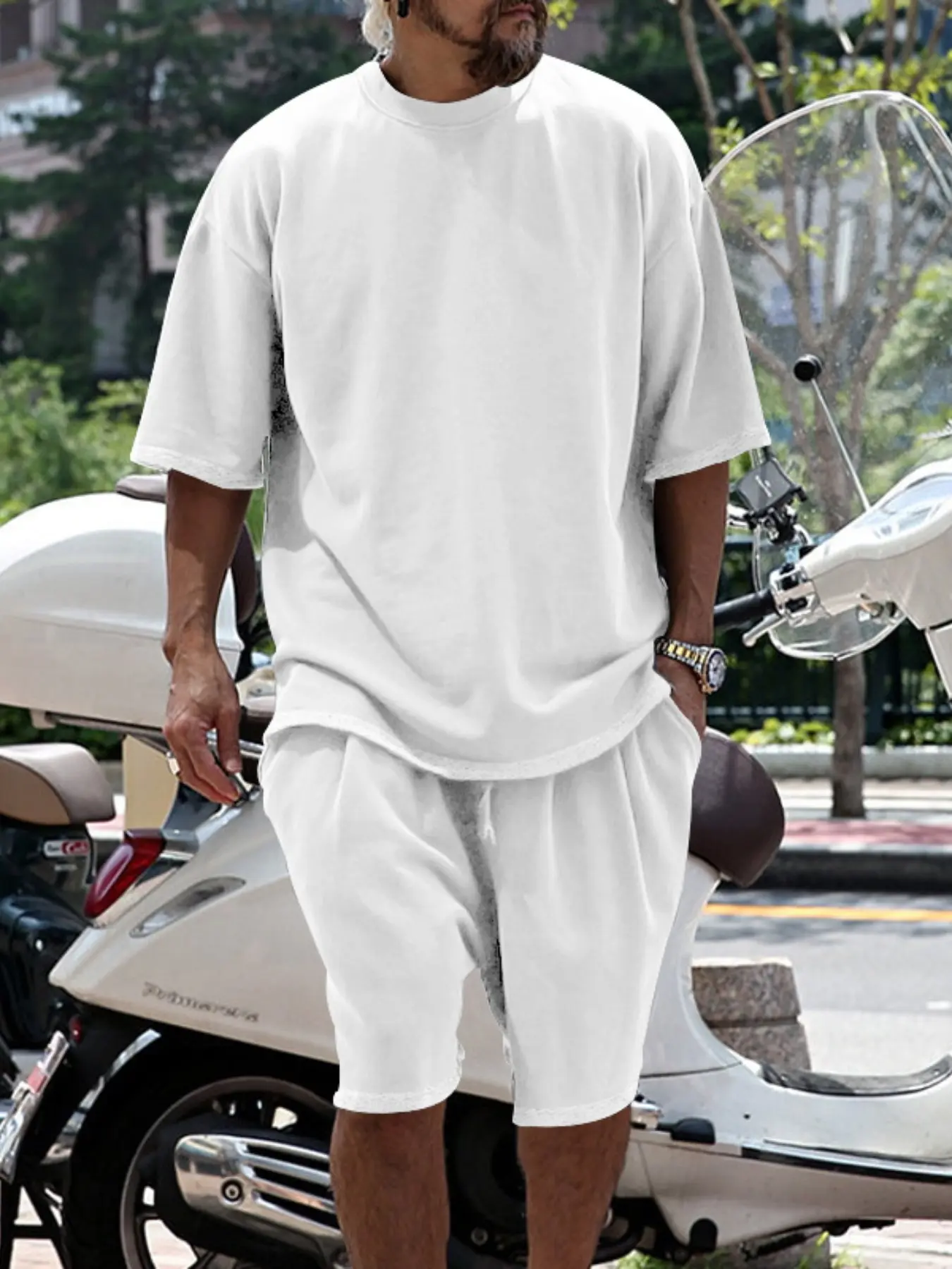 Men's Summer Casual Set, Pure Color Round Neck Short Sleeve Knit Tee & Shorts, Classic Loose Fit Sportswear, Comfortable Daily Wear Outfit