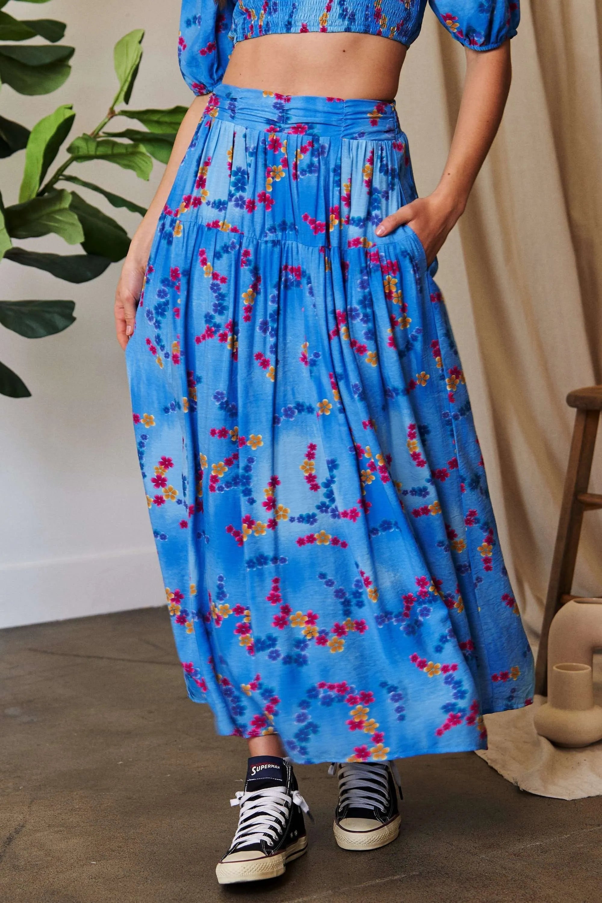 Printed Smocking Waistband Ruffled Maxi Skirt