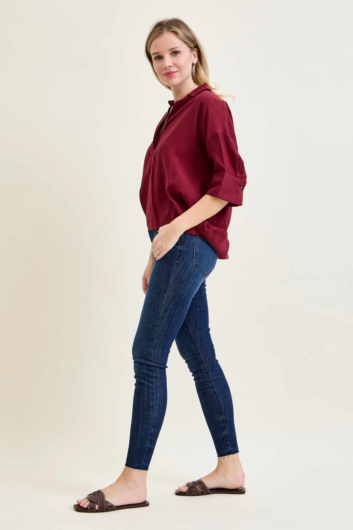 Kinsley Edgy Mid Rise Skinnies with a Raw Twist