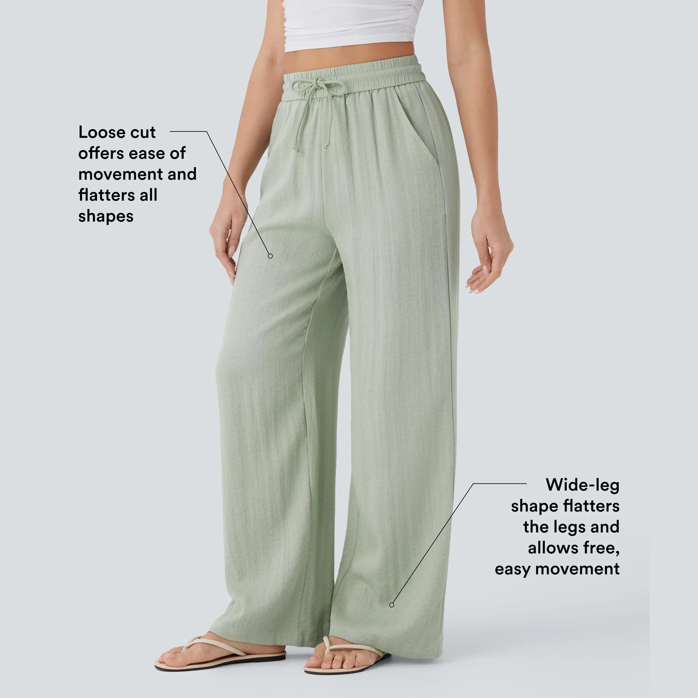 🔥🔥Easter Sale!!High Waisted Drawstring Pocket Wide Leg Casual Linen-Feel Pants