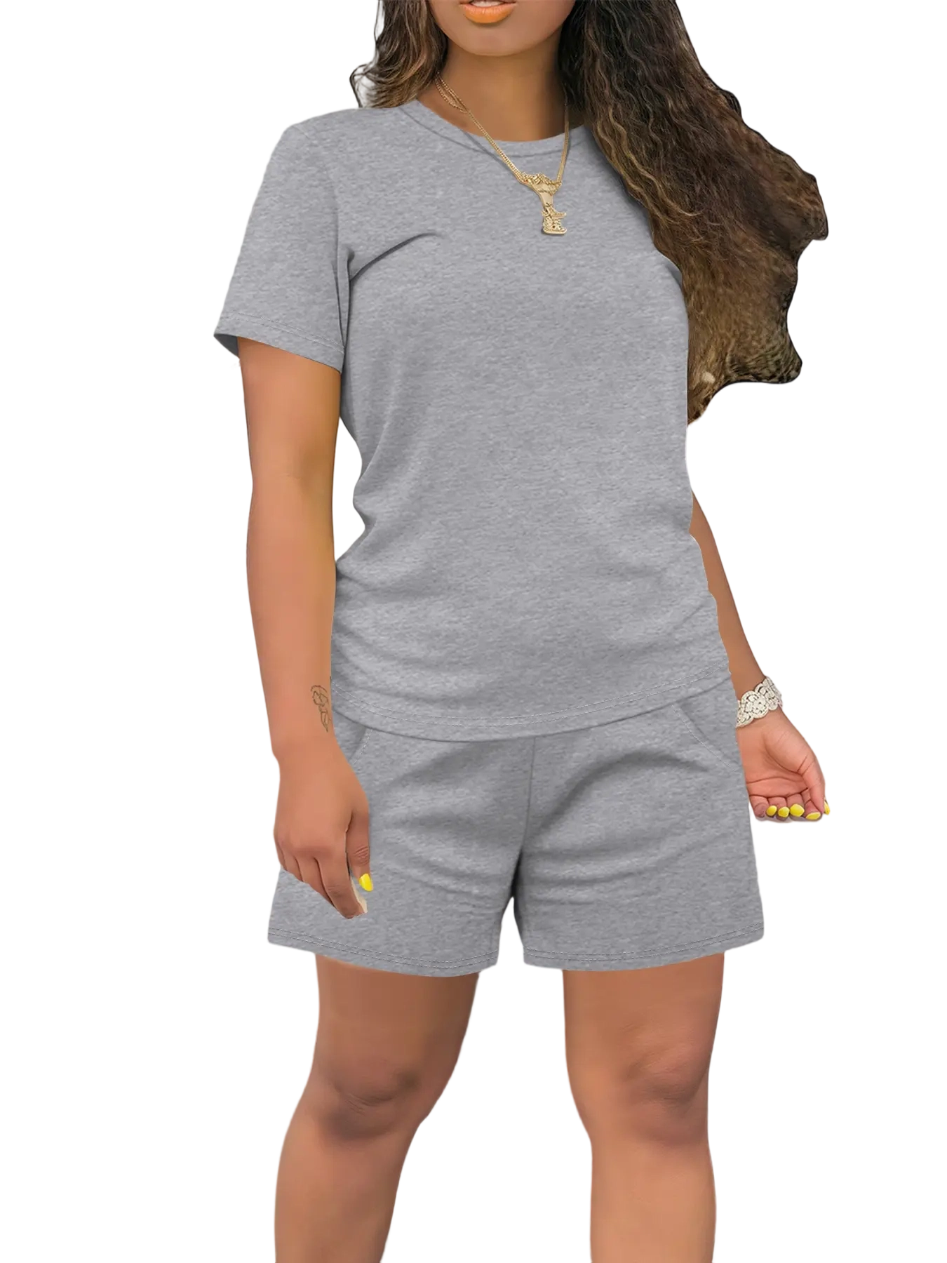 Women's Summer Casual Set, Regular Fit Short Sleeve Top & Shorts, Plain Color Women's, Comfortable Daily Wear Womenswear Fitted Outfit