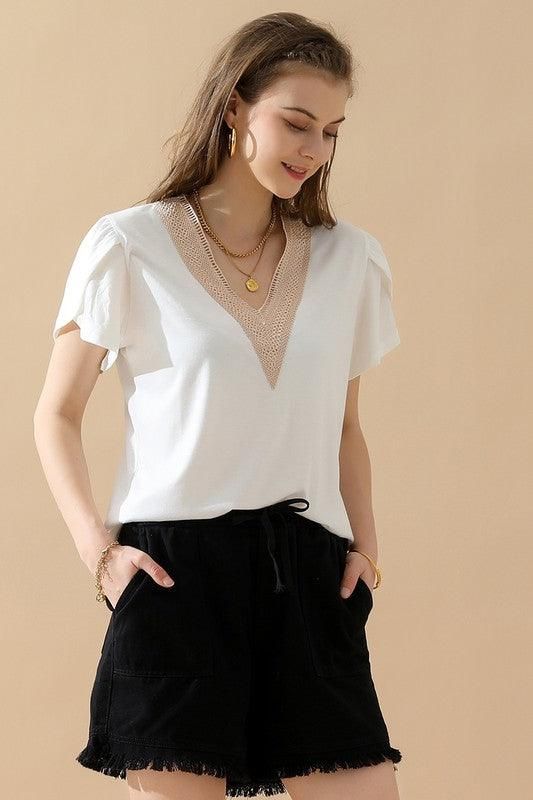 Gold Lace V Neck Ruffle Short Sleeve Top
