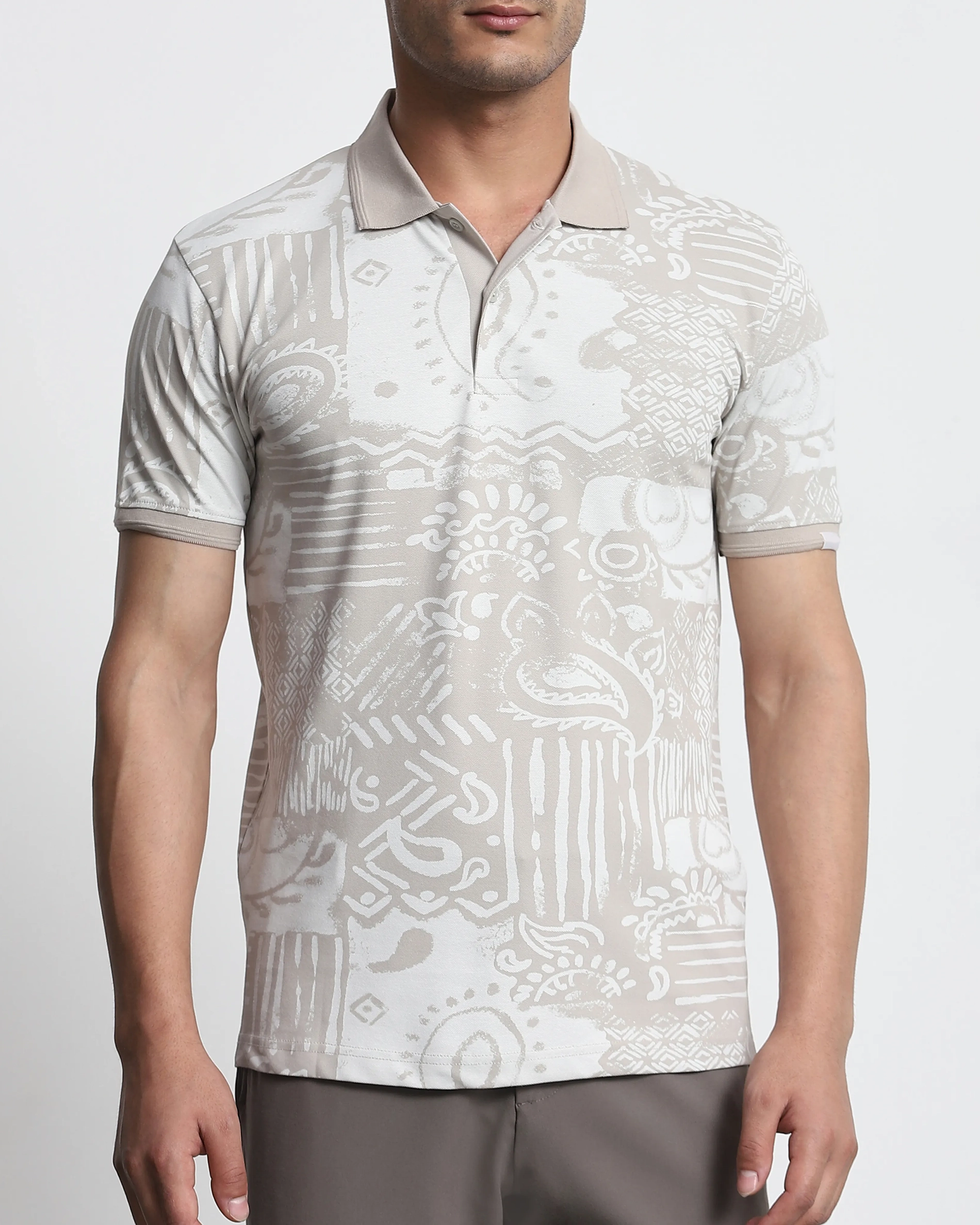 Daily Simple And Slimming Grey Abstract Print Polo Shirt