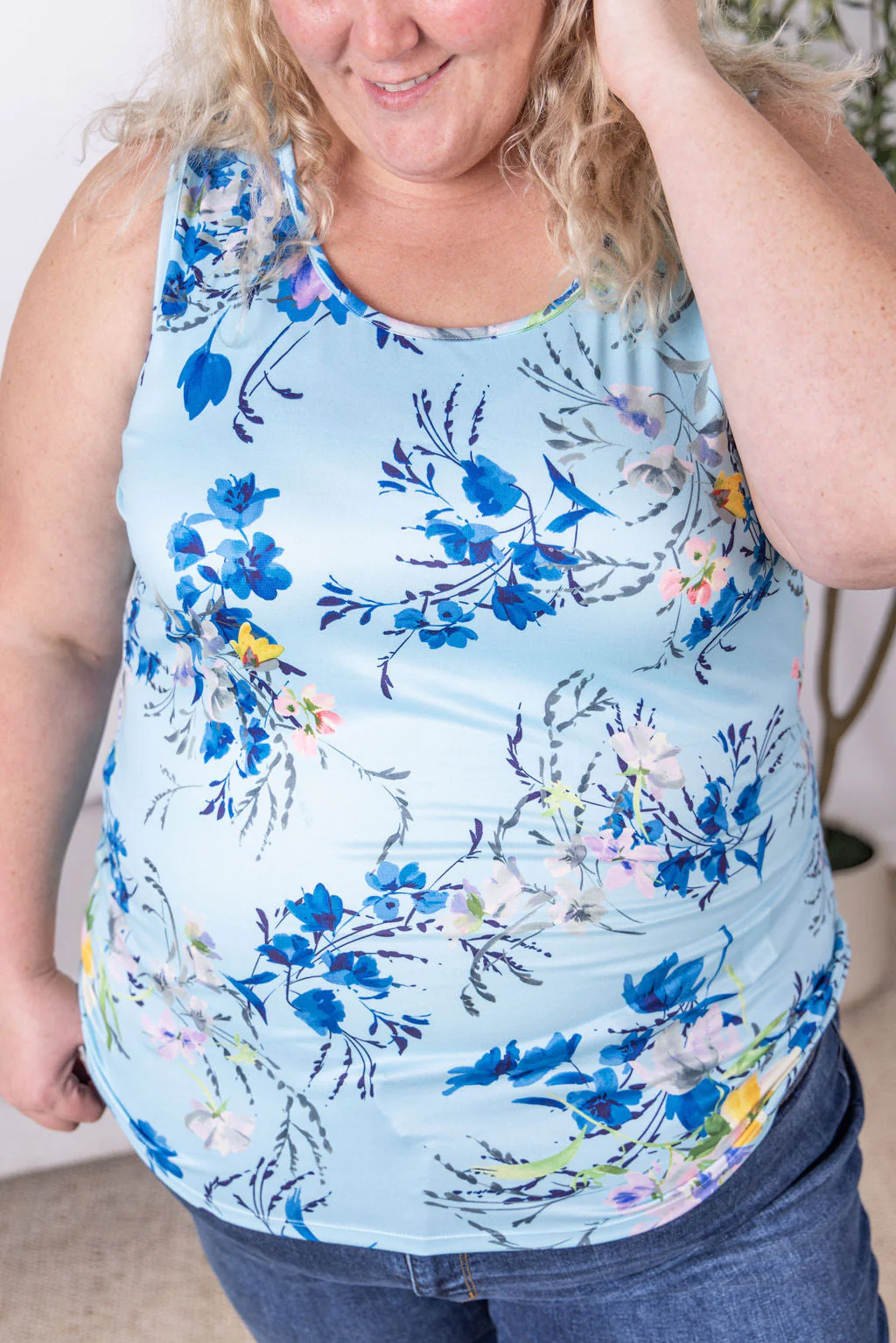 Luxe Crew Tank Top in Light Blue Floral Bliss