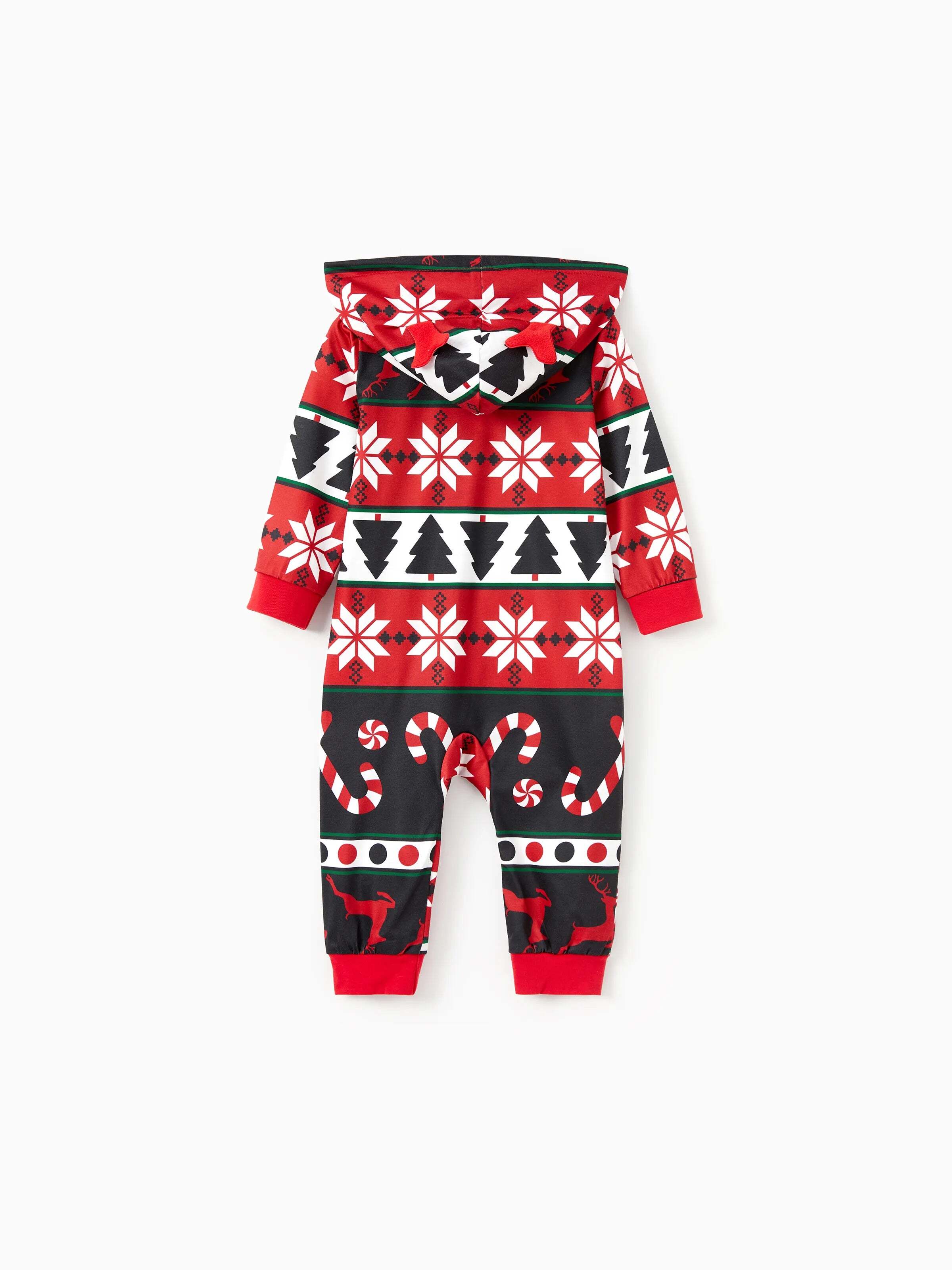 Christmas Pajamas 3D Reindeer Pattern Zipper Hooded Onesies Matching Family Outfits red/black