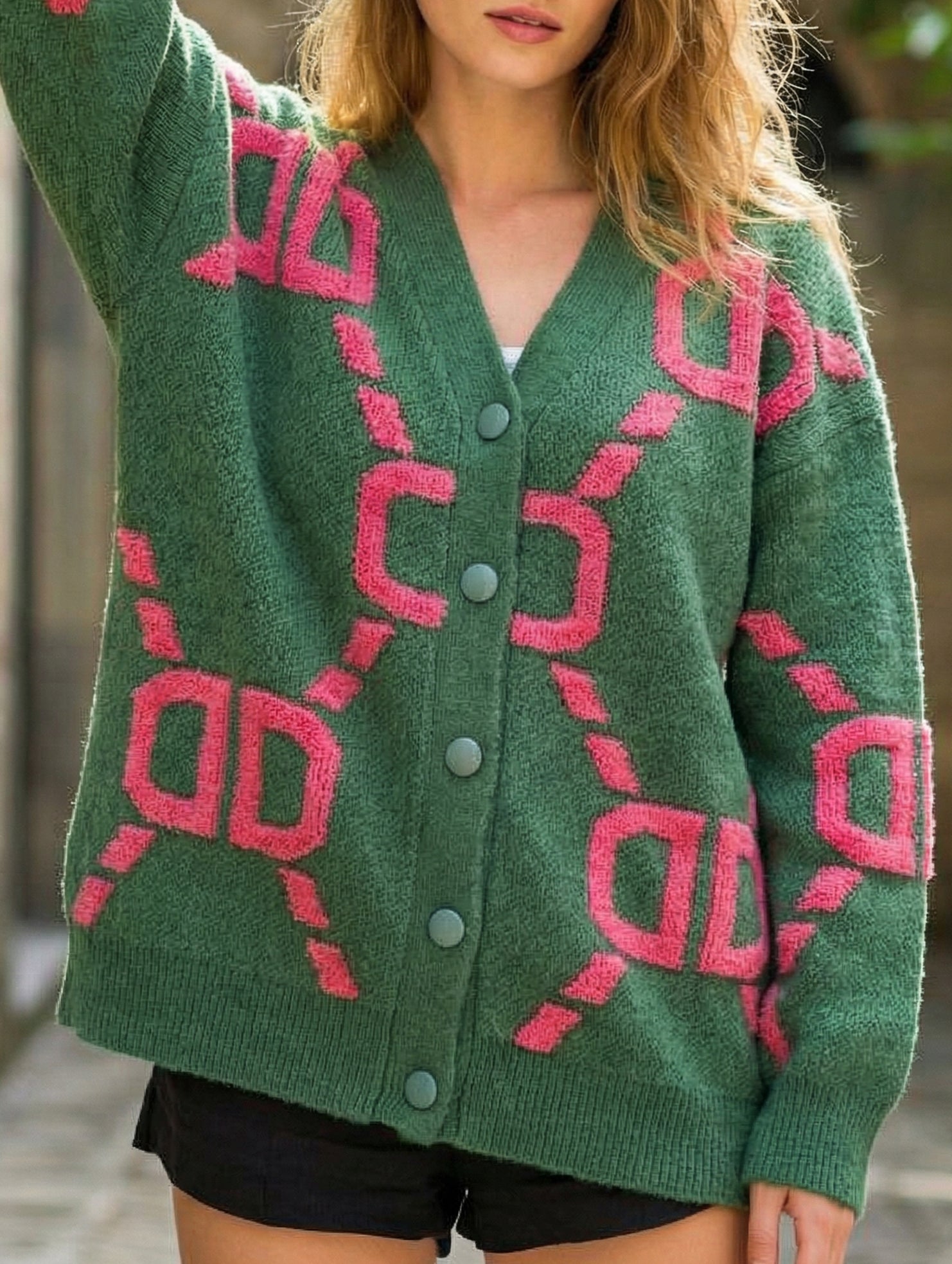 Letter Embroidered Button Knit Long Cardigan