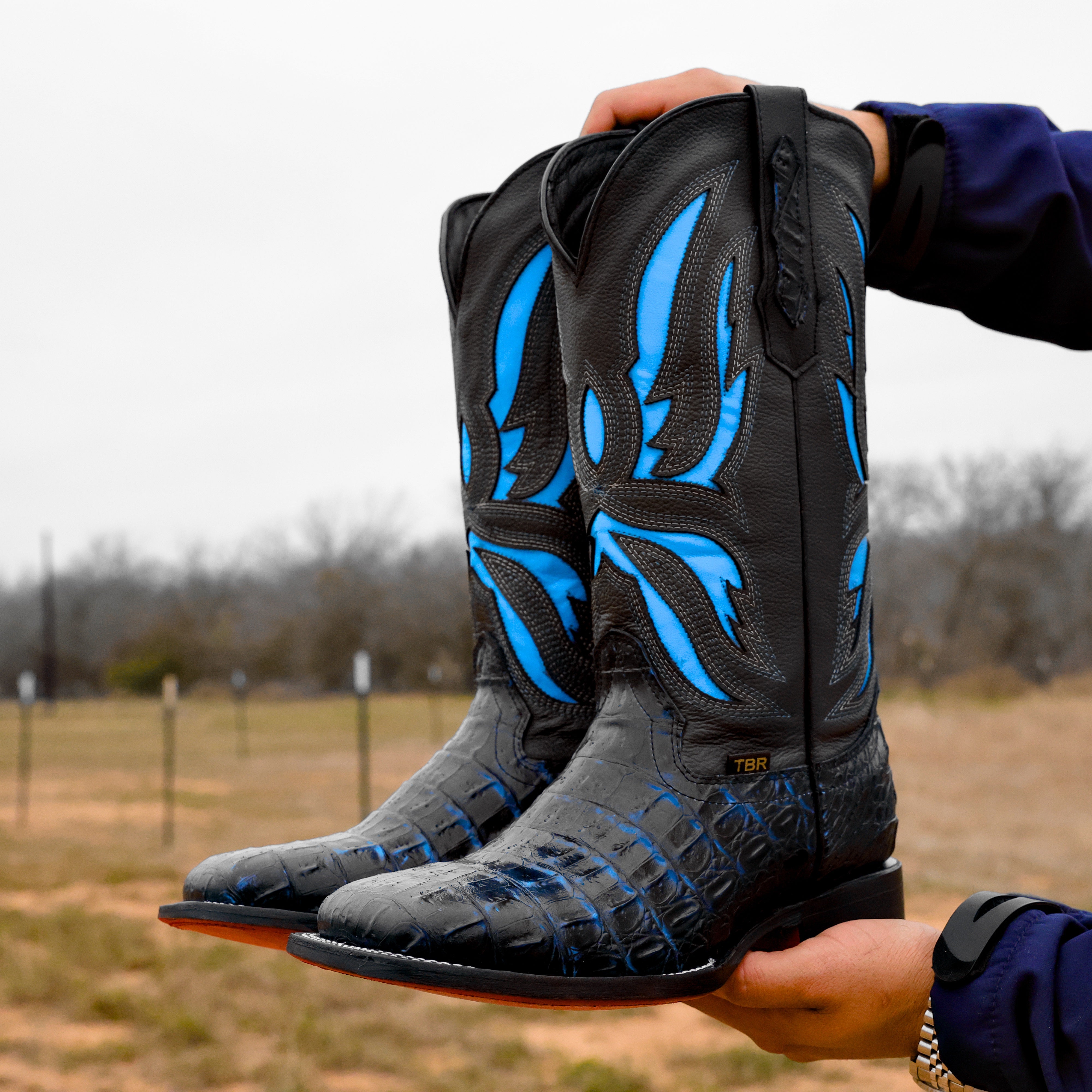 Black/Blue Caiman Hornback Leather Boots - Square Toe