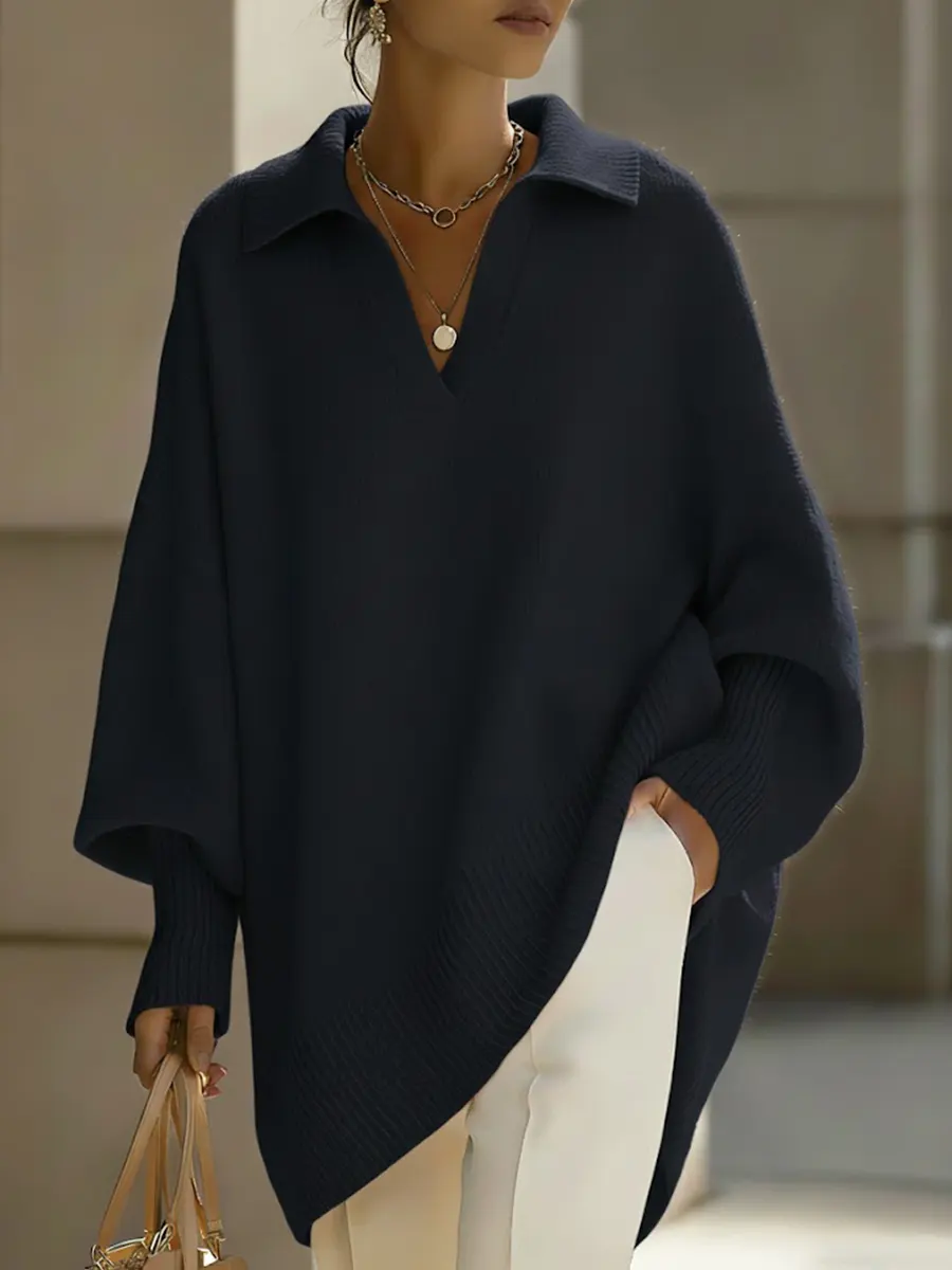 Women's Solid Color V-neck Long-sleeved Casual Loose-fitting Knitted Pullover Sweater